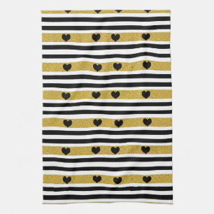 Chic Gold Heart Monochrome Pattern Kitchen Towel