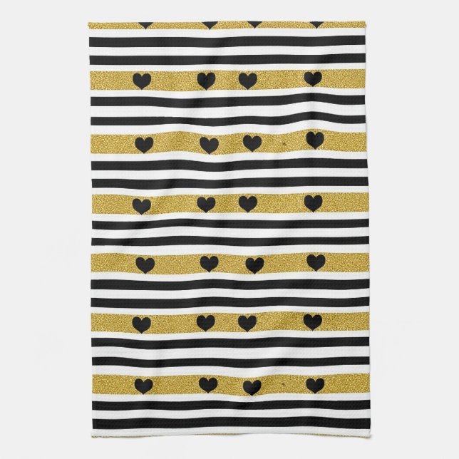 Chic Gold Heart Monochrome Pattern Kitchen Towel (Vertical)