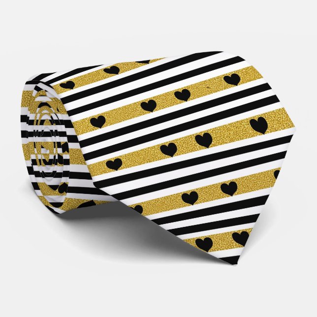 Chic Gold Heart Monochrome Pattern Tie (Rolled)