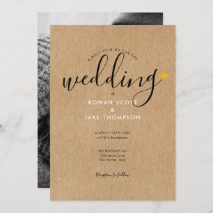 Chic Gold Heart Rustic Kraft Photo Wedding Invitation