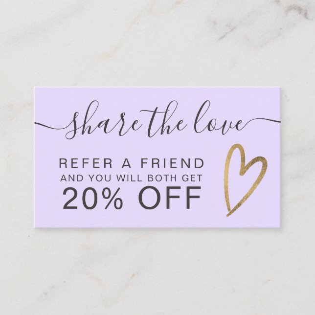 Chic gold heart script lavender share the love referral card (Front)