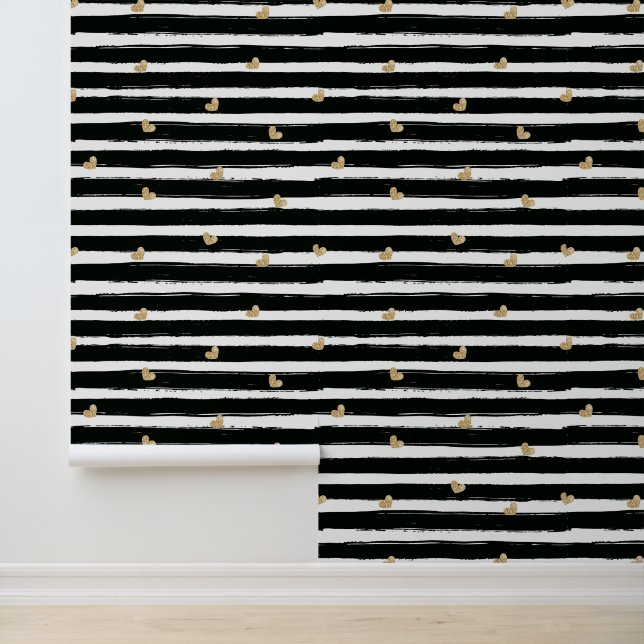 Chic Gold Hearts Black Lines Room Wallpaper (Application)