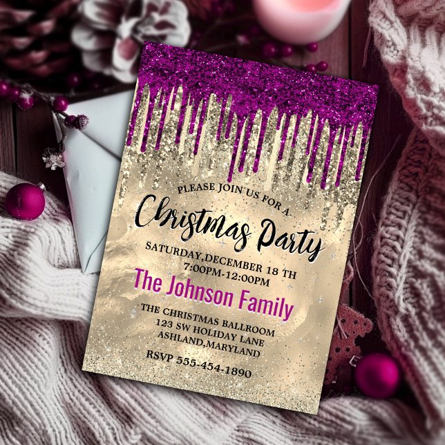 Chic gold hot pink purple glitter drips Christmas  Invitation (Creator Uploaded)