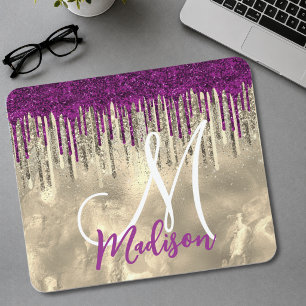 Chic gold, hot pink purple glitter drips monogram mouse pad