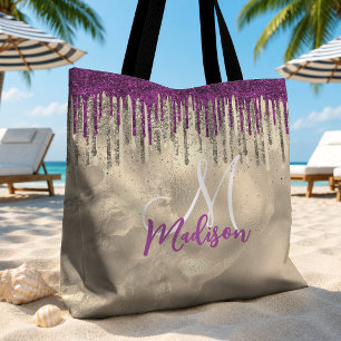 Chic gold, hot pink purple glitter drips monogram tote bag