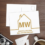 Chic Gold House Real Estate Company Marketing Postcard<br><div class="desc">This chic gold realtor monogram marketing postcard is custom made with your realty company name under the the realty agent's initials in simple typography. This minimalist design features a simple line outline of a house. Modern postcards for an agent working to buy and sell homes.</div>