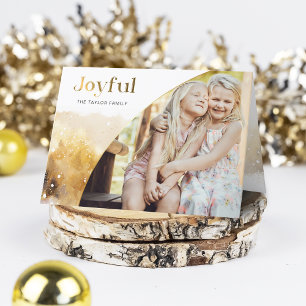 Chic Gold Joyful Script w/Curved Photo  Holiday Card