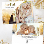 Chic Gold Joyful Script w/Curved Photo  Holiday Card<br><div class="desc">Chic,  modern holiday design featuring sleek custom "Joyful" script in gold gradient style with unique curved photo template and subtle gold watercolor style winter landscape. Back features additional photo template and text fields.</div>