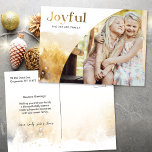 Chic Gold Joyful Script w/Curved Photo  Holiday Postcard<br><div class="desc">Chic,  modern holiday design featuring sleek custom "Joyful" script in gold gradient style with unique curved photo template and subtle gold watercolor style winter landscape. Back features complementary graphics and additional text fields.</div>