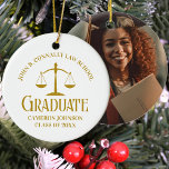 Chic Gold Law School Graduation Christmas Ceramic Ornament<br><div class="desc">This chic gold custom law school graduation Christmas ornament features modern typography for a class of 2024 graduate. Customize with your graduating year under the scales of justice symbol for a great personalized lawyer or attorney gift and a student photo on the back.</div>