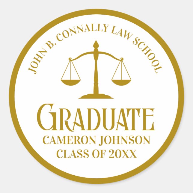 Chic Gold Law School Graduation Party Classic Round Sticker (Front)