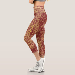 Chic Gold Leaf Burgundy Classic Pattern Capri Leggings
