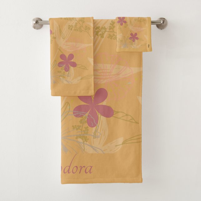 Chic Gold Leaf Flower Peach Violet Pattern Bath Towel Set (Insitu)