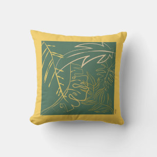Chic Gold Leaf Green Background Throw Pillow