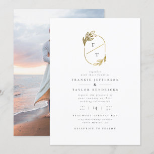 Chic Gold Leaf Monogram Minimalist Wedding Photo Invitation