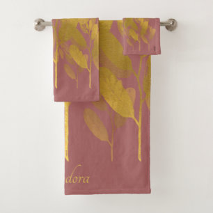 Chic Gold Leaf Purple Classic Background Bath Towel Set