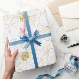 Chic Gold Line Flower White Floral Pattern Wrapping Paper