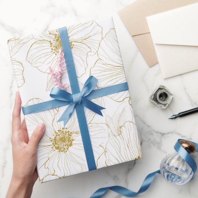 Chic Gold Line Flower White Floral Pattern Wrapping Paper (Gifting)