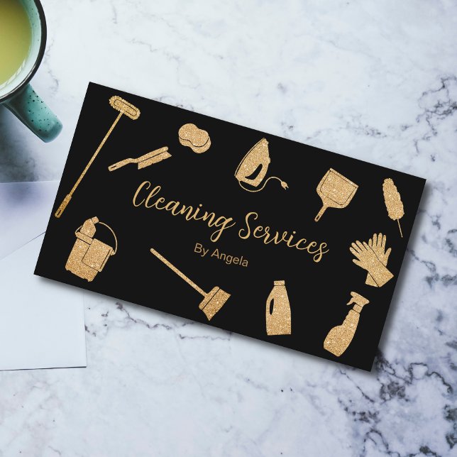 Chic Gold Maid Cleaning Services Sparkling Glitter Business Card (Creator Uploaded)