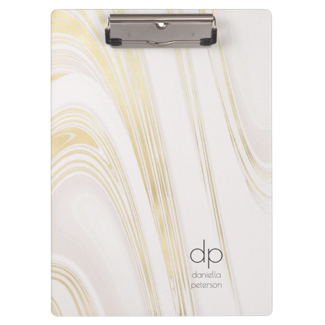 Chic Gold Marble Modern Name and Initials Clipboard (Front)