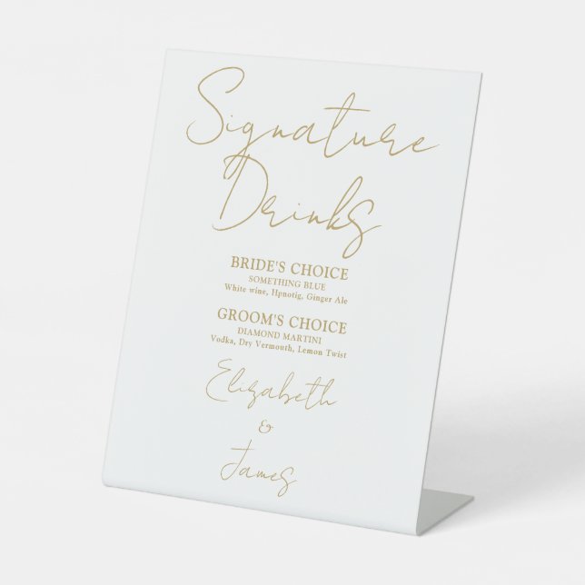 Chic Gold Minimalist Script Signature Drinks Pedestal Sign (Front)