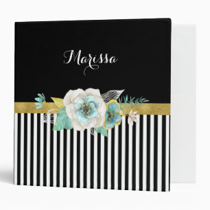 Chic Gold Mint Flowers With Black Stripes and Name Binder
