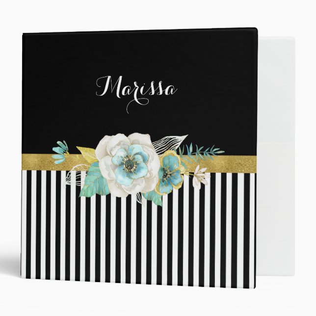 Chic Gold Mint Flowers With Black Stripes and Name Binder (Front/Inside)