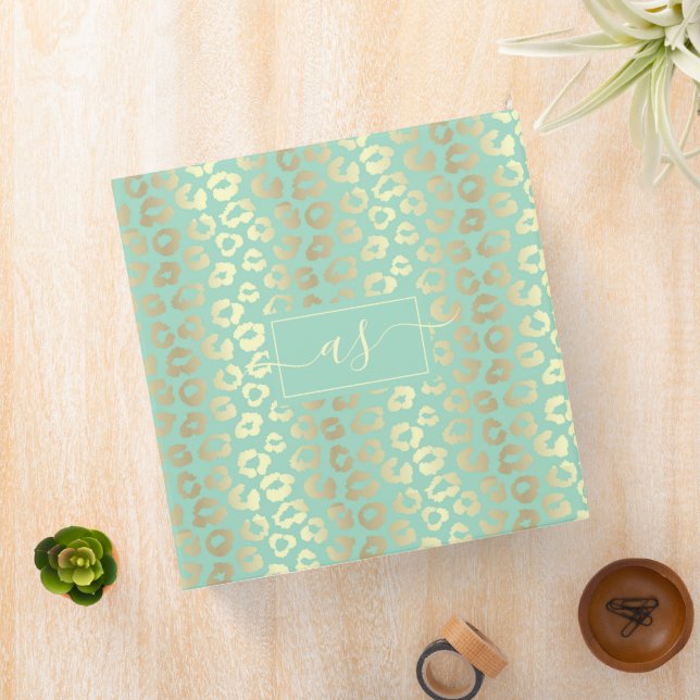 Chic Gold & Mint Green Leopard Print Monogrammed Binder (In Situ)