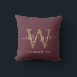 Chic Gold Monogram Burgundy Wedding Date Keepsake Throw Pillow<br><div class="desc">Elegant monogrammed wedding keepsake pillow with your names and wedding date in white handwritten chic script calligraphy and gold monogram in modern typography on a burgundy background. Simply add your names, monogram and wedding date. Great gift for a newlywed couple. Exclusively designed for you by Happy Dolphin Studio. If you...</div>