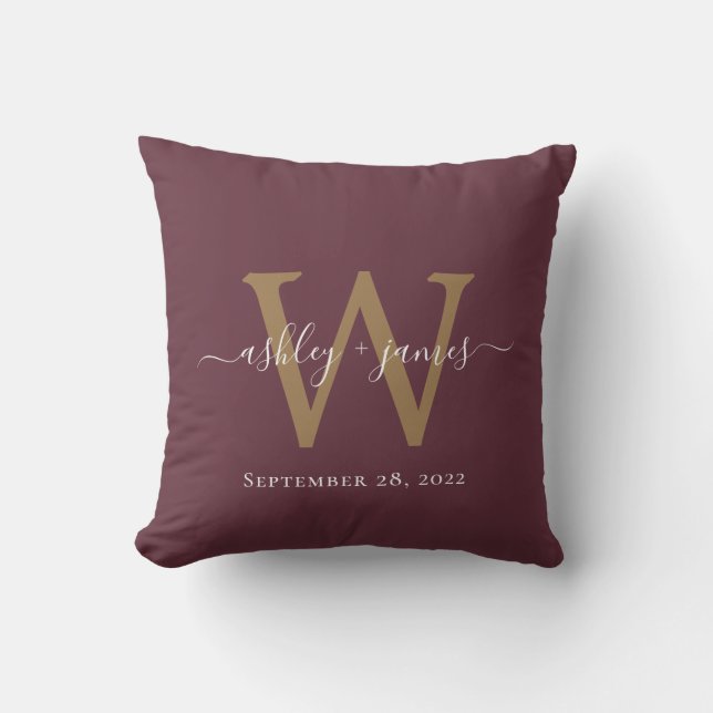 Chic Gold Monogram Burgundy Wedding Date Keepsake Throw Pillow (Front)