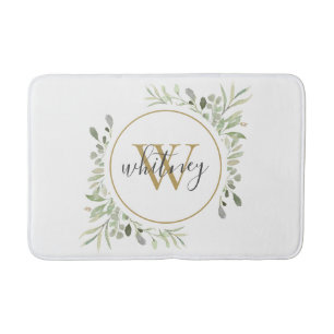 Chic Gold Monogram Elegant Script Greenery Bath Mat