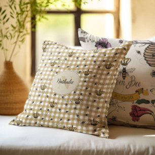 Chic Gold Monogram Gingham Royal Crown & Queen Bee Throw Pillow