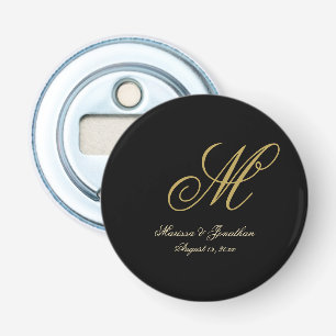 Chic Gold Monogram Script Black Wedding Bottle Opener