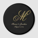 Chic Gold Monogram Script Black Wedding Magnet<br><div class="desc">These elegant black custom monogram wedding magnet will add class to your favour gifts. The chic design template features the groom's last name monogram initial along with the bride's and groom's first names and wedding date in faux gold to personalize. Please check out our I Love Weddingz shop to find...</div>