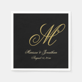 Chic Gold Monogram Script Black Wedding Napkin