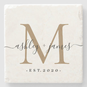 Chic Gold Monogram Script Names Wedding Date Stone Coaster