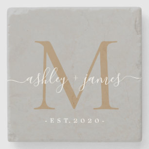 Chic Gold Monogram Script Names Wedding Date Stone Coaster