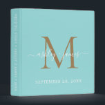 Chic Gold Monogram Script Turquoise Blue Wedding Binder<br><div class="desc">Chic wedding album with your stylish monogram initial in gold and your names in white elegant handwritten script calligraphy on a truquoise blue background. Simply add your names, monogram and wedding date. A beautiful wedding keepsake gift album for all your wedding photos and memories. Exclusively designed for you by Happy...</div>