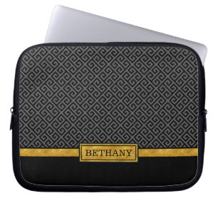 Chic Gold Name and Black Greek Key Pattern Laptop Sleeve