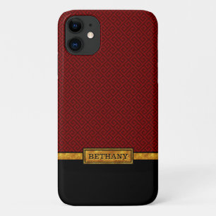 Chic Gold Name and Red Greek Key Pattern iPhone 11 Case