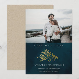 CHIC GOLD NAVY  SEAWEED SAVE THE DATE PHOTO INVITE