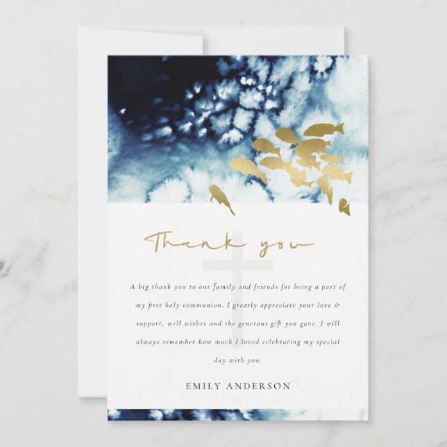 CHIC GOLD NAVY UNDERWATER FISH HOLY COMMUNION THAN THANK YOU CARD (Front)