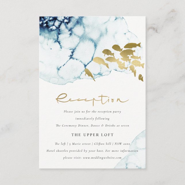 CHIC GOLD NAVY UNDERWATER FISH WEDDING RECEPTION  ENCLOSURE CARD (Front)
