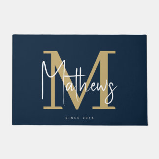 Chic Gold Navy White Monogram Family Name Doormat