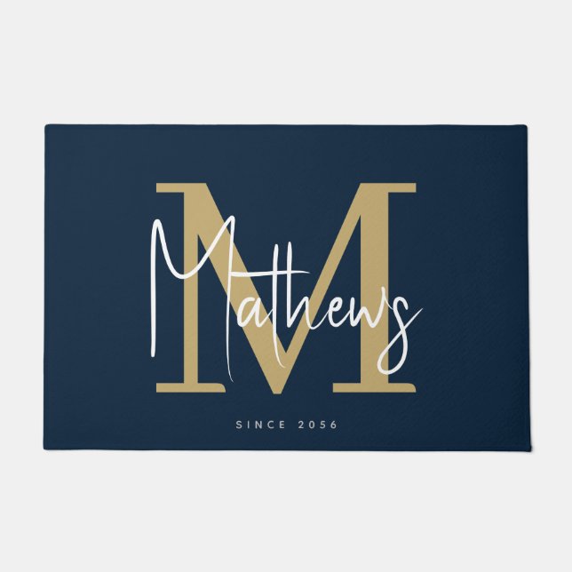 Chic Gold Navy White Monogram Family Name Doormat (Front)