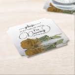 Chic Gold Ochre Rose Don't Take My Drink Wedding Paper Coaster<br><div class="desc">This wedding coaster is elegant, stylish, and fun! It features a photo of a single long-stemmed gold ochre or mustard yellow coloured rose lying on its side mirrored in a pool of water. The text reads "Please don't take my drink, I'm dancing" written in modern script lettering. There is space...</div>