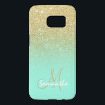 Chic gold ombre mint green block personalized samsung galaxy s7 case<br><div class="desc">A custom and personalized case with name and modern monogram on a stylish faux gold ombre glitter and bright mint green colour block. A glam and chic custom case.
This is a printed image,  there are no glitter elements or shine to it.</div>