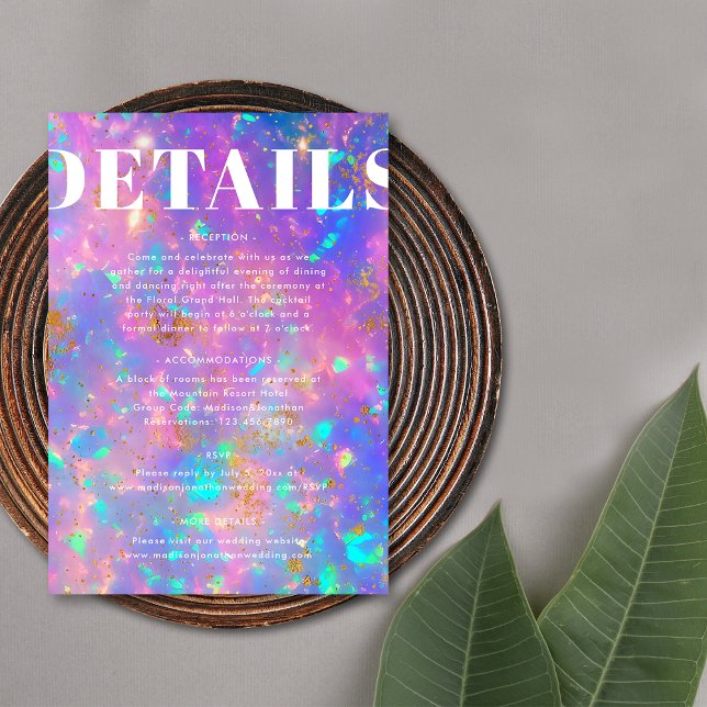 Chic Gold Opal Bold Modern Wedding Details Enclosure Card (Front)