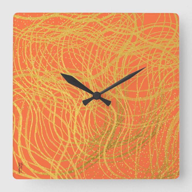 Chic Gold Orange Abstract Square Wall Clock (Front)