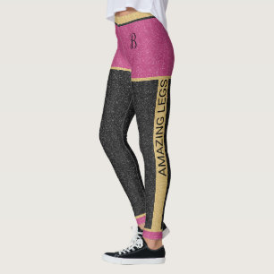 Chic Gold Pink Black Glitter Customizable Monogram Leggings